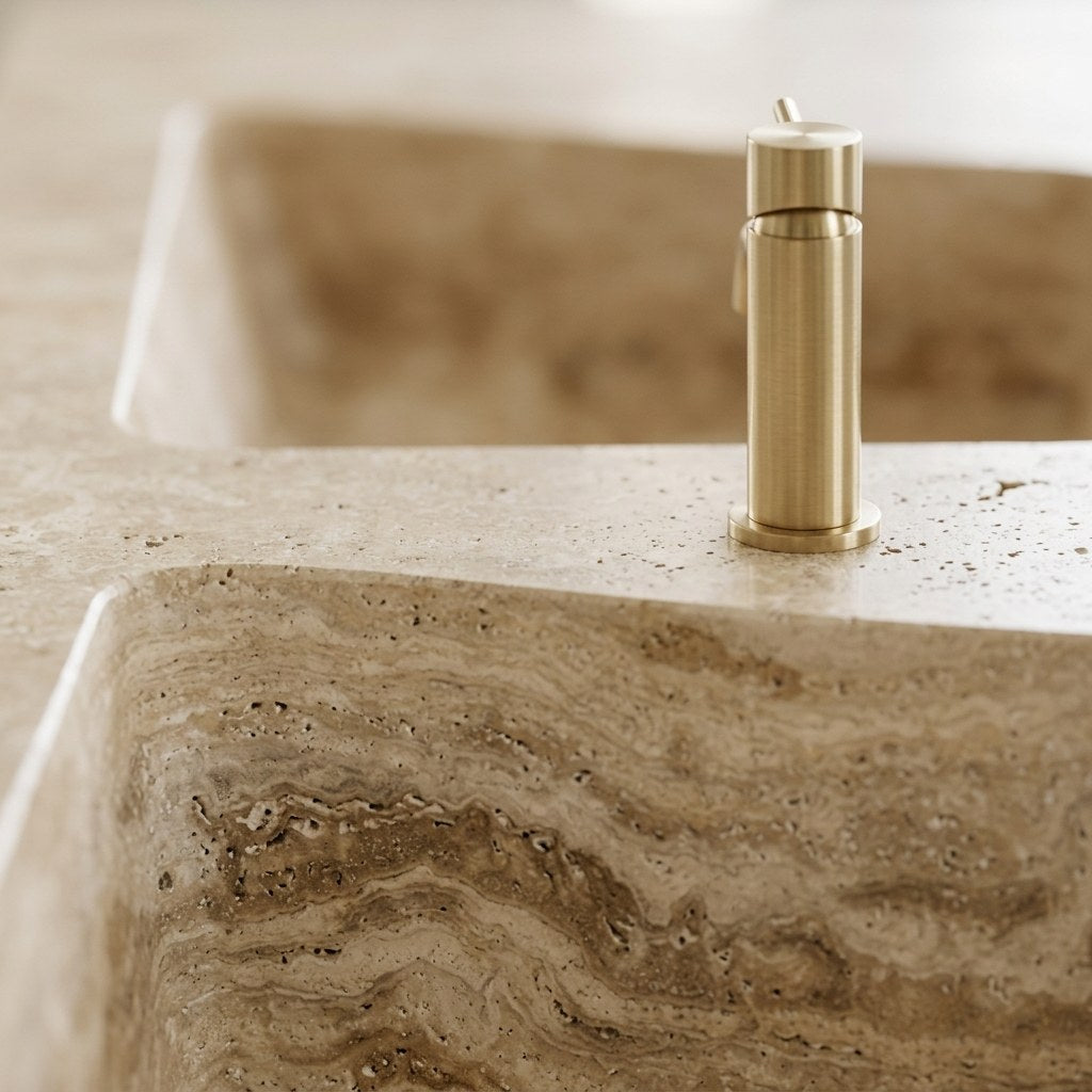 Travertine Double Basin Polished Stone Sink — marble detail — view 3