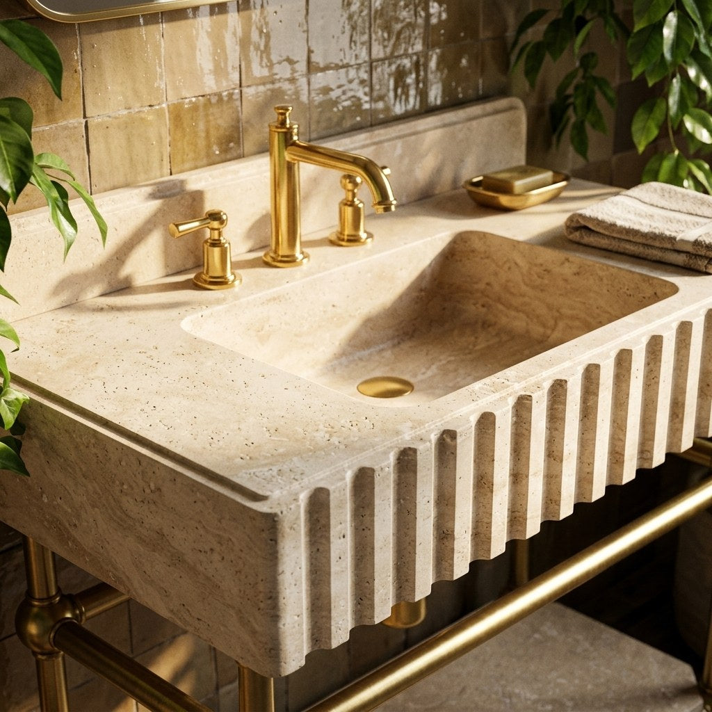 Fluted Travertine Console Sink with Brass Stand — premium — view 2