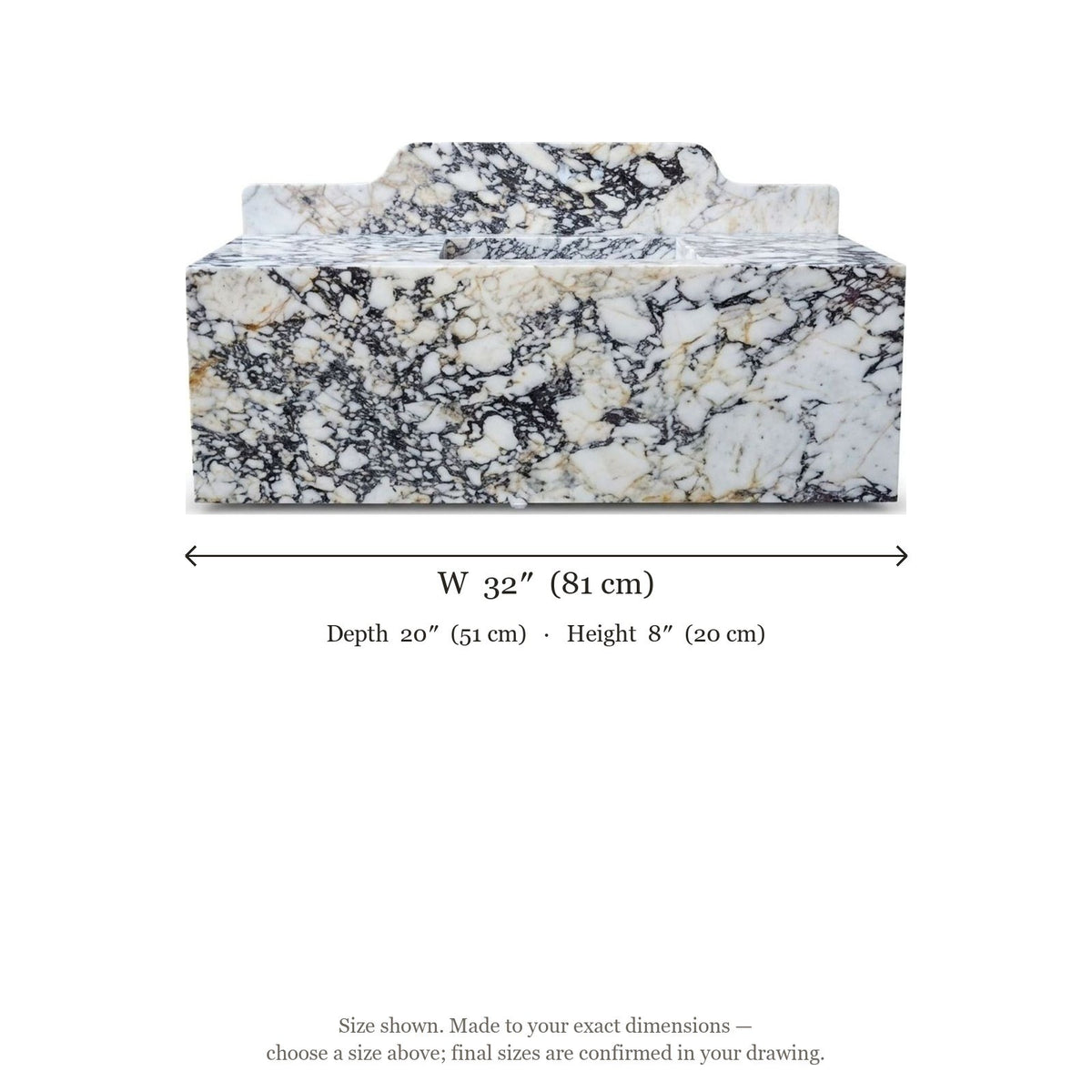 Calacatta Viola Polished Marble Sink with Backsplash — dimensions — view 5
