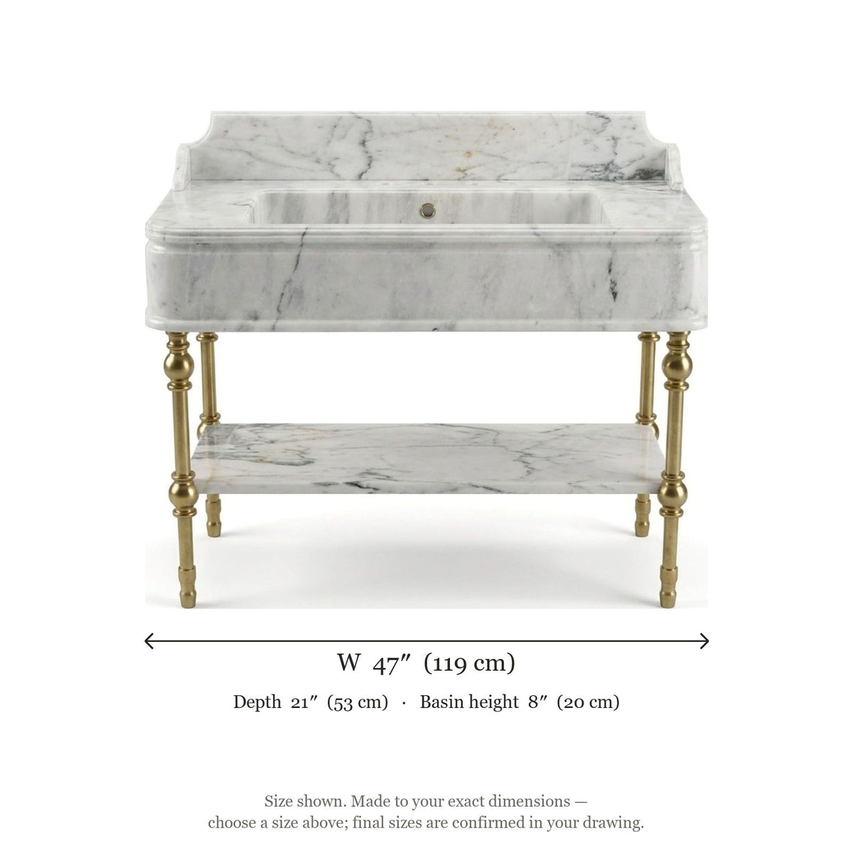 Carrara Honed Marble Sink with Brass Stand and Backsplash — dimensions — view 5
