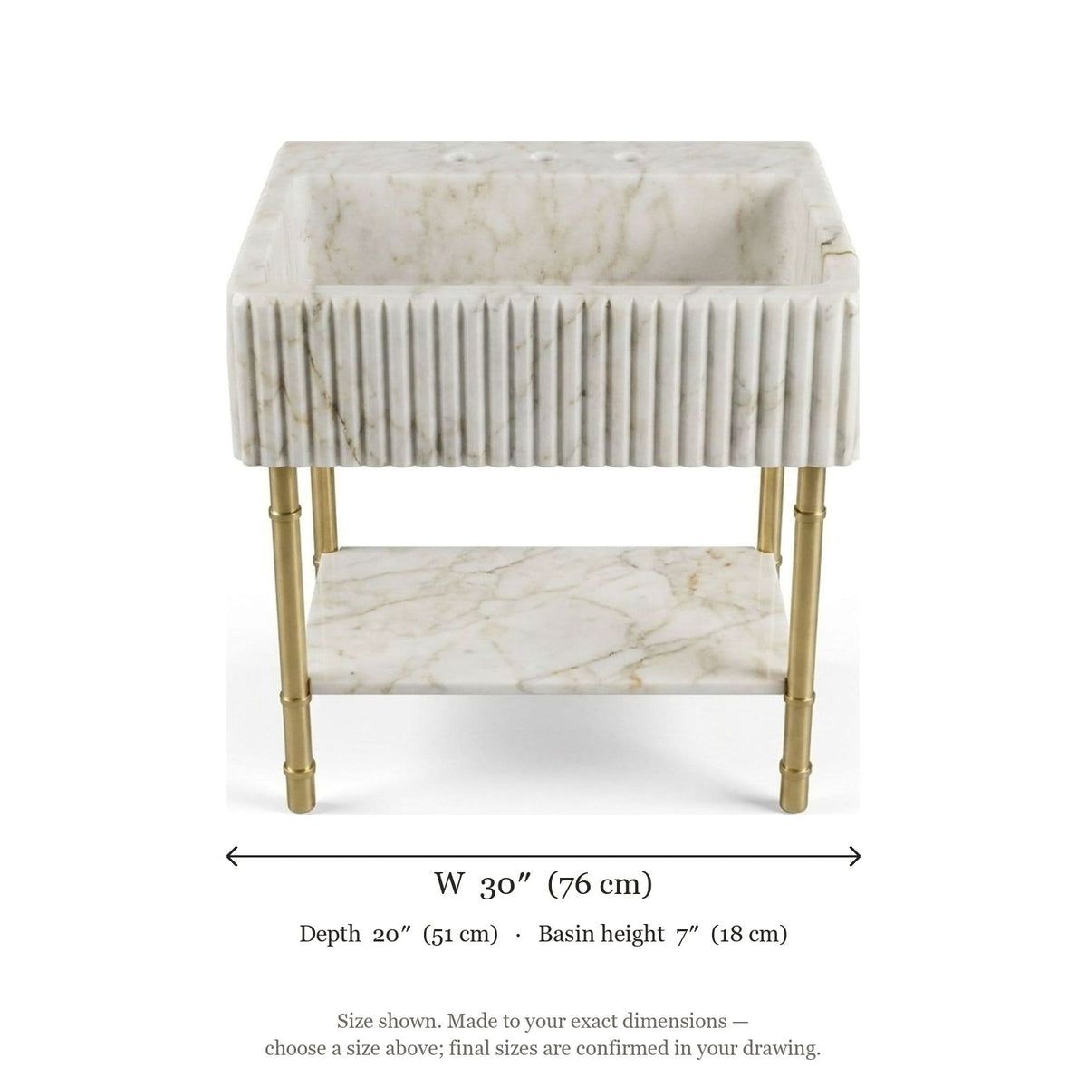 Calacatta Gold Fluted Marble Sink with Brass Stand — dimensions — view 5