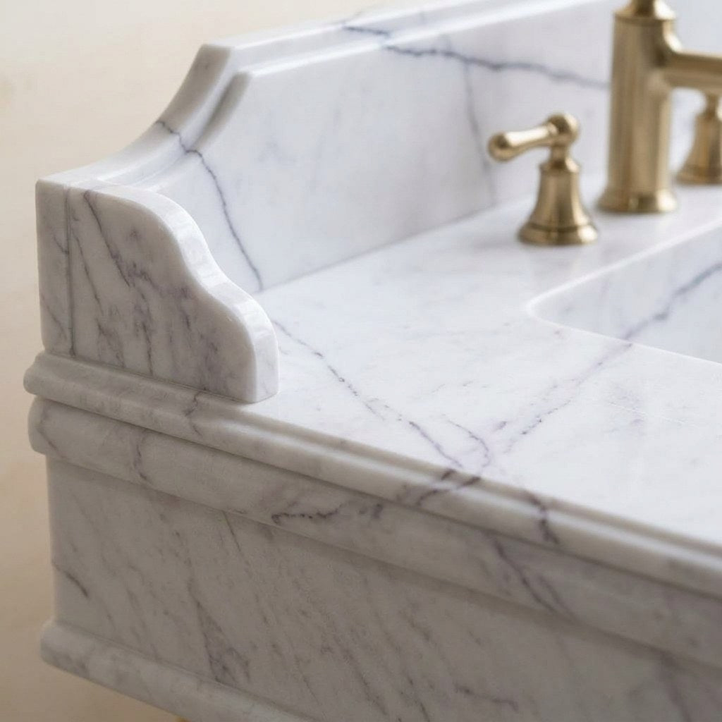Lilac Marble Sink with Brass Stand and Backsplash — marble detail — view 3