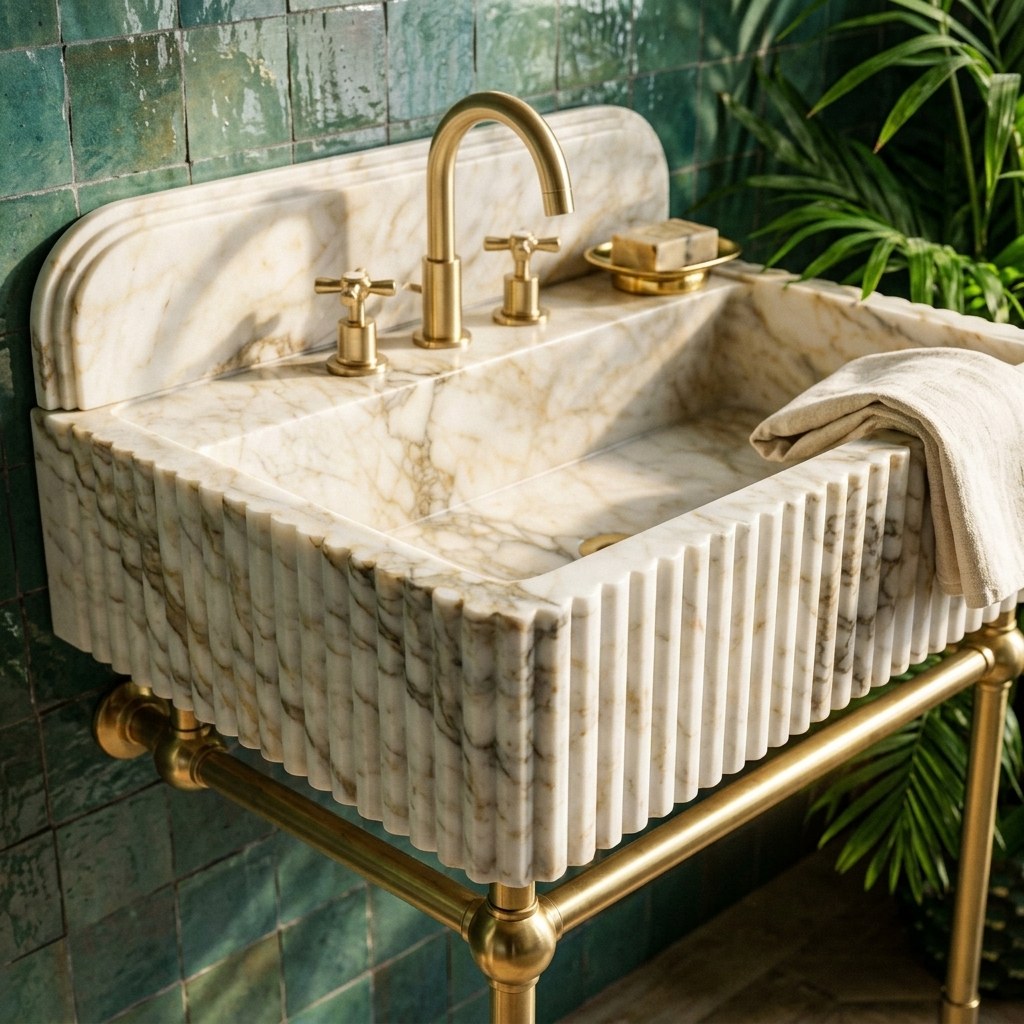 Calacatta Gold Fluted Marble Sink with Brass Stand — premium — view 2