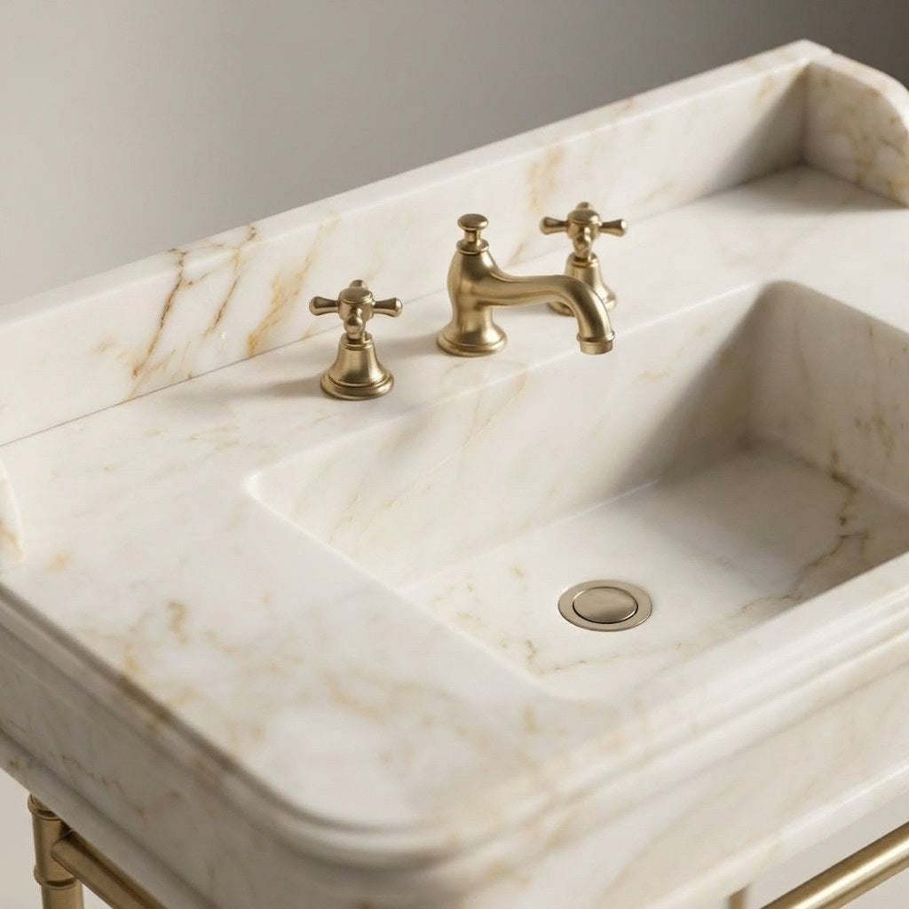 Calacatta Gold Marble Console Sink with Brass Stand — marble detail — view 3