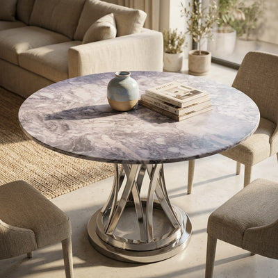 Honed Lilac Marble Table with Brushed Steel Base — premium