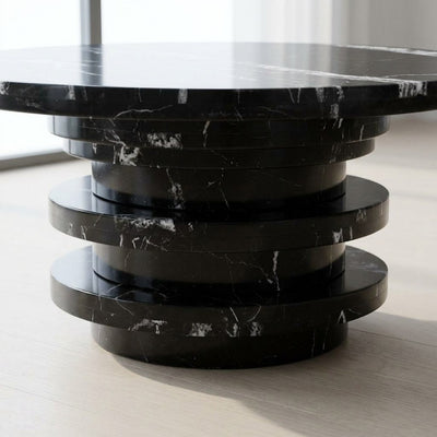 Nero Marquina Marble Round Table with Tiered Pedestal Base — detail