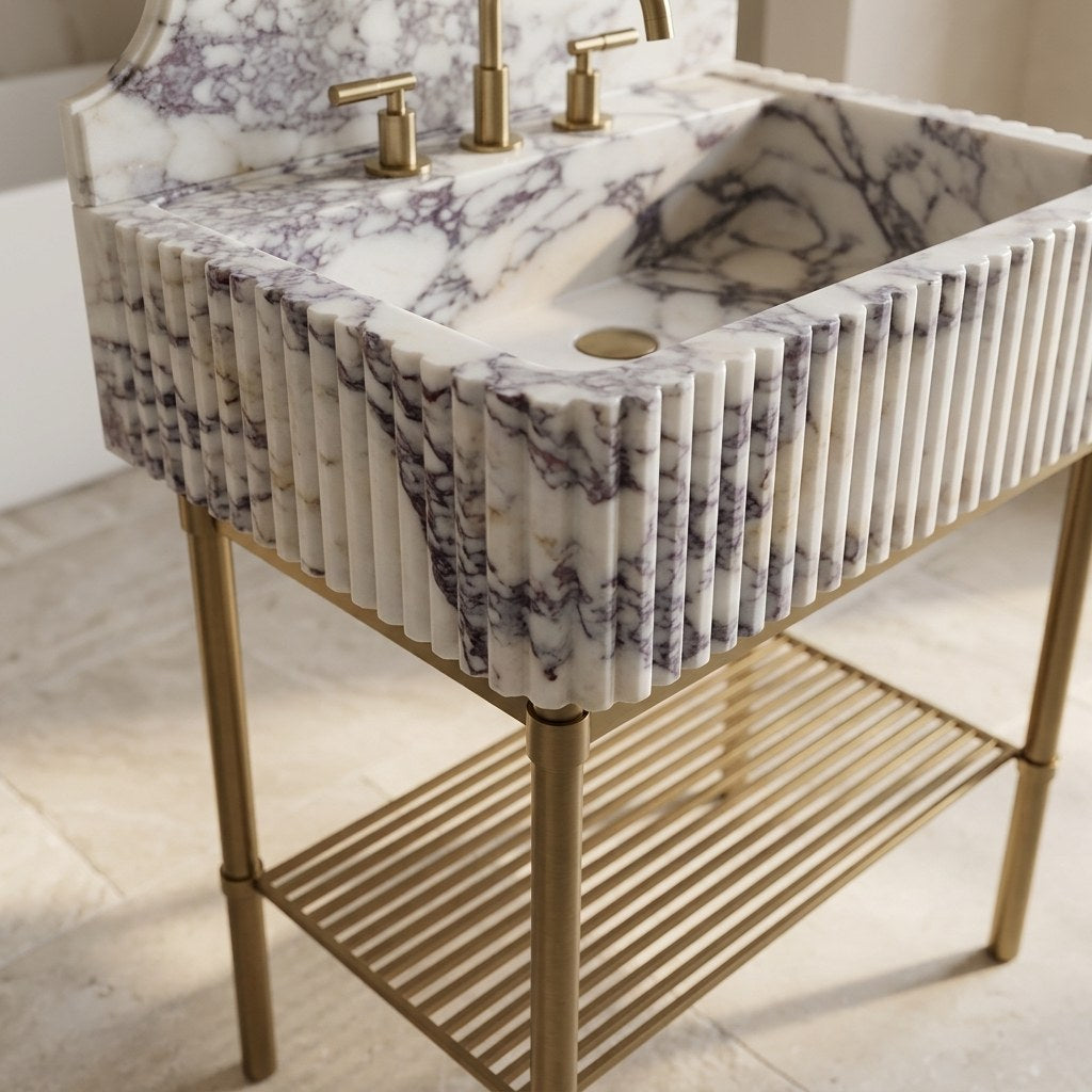 Calacatta Viola Fluted Marble Sink with Copper Stand — detail — view 4