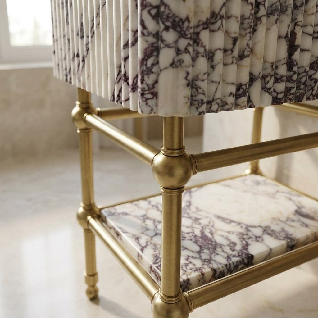 Calacatta Viola Fluted Marble Sink with Brass Stand — detail — view 4