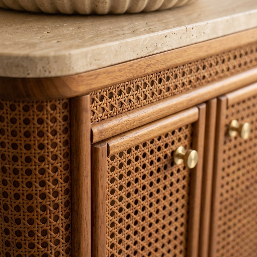 Travertine Fluted Marble Vanity with Backsplash — detail — view 3