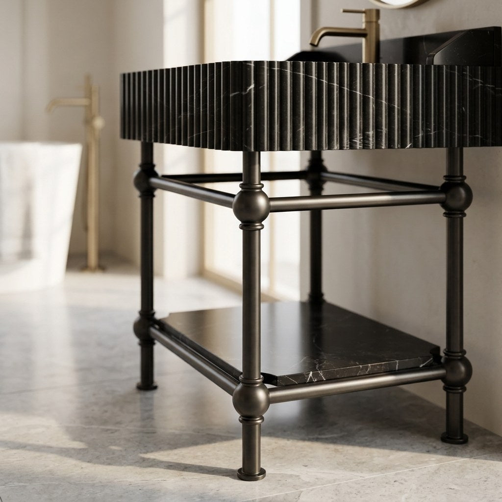 Nero Marquina Fluted Marble Sink with Metal Stand — detail — view 4