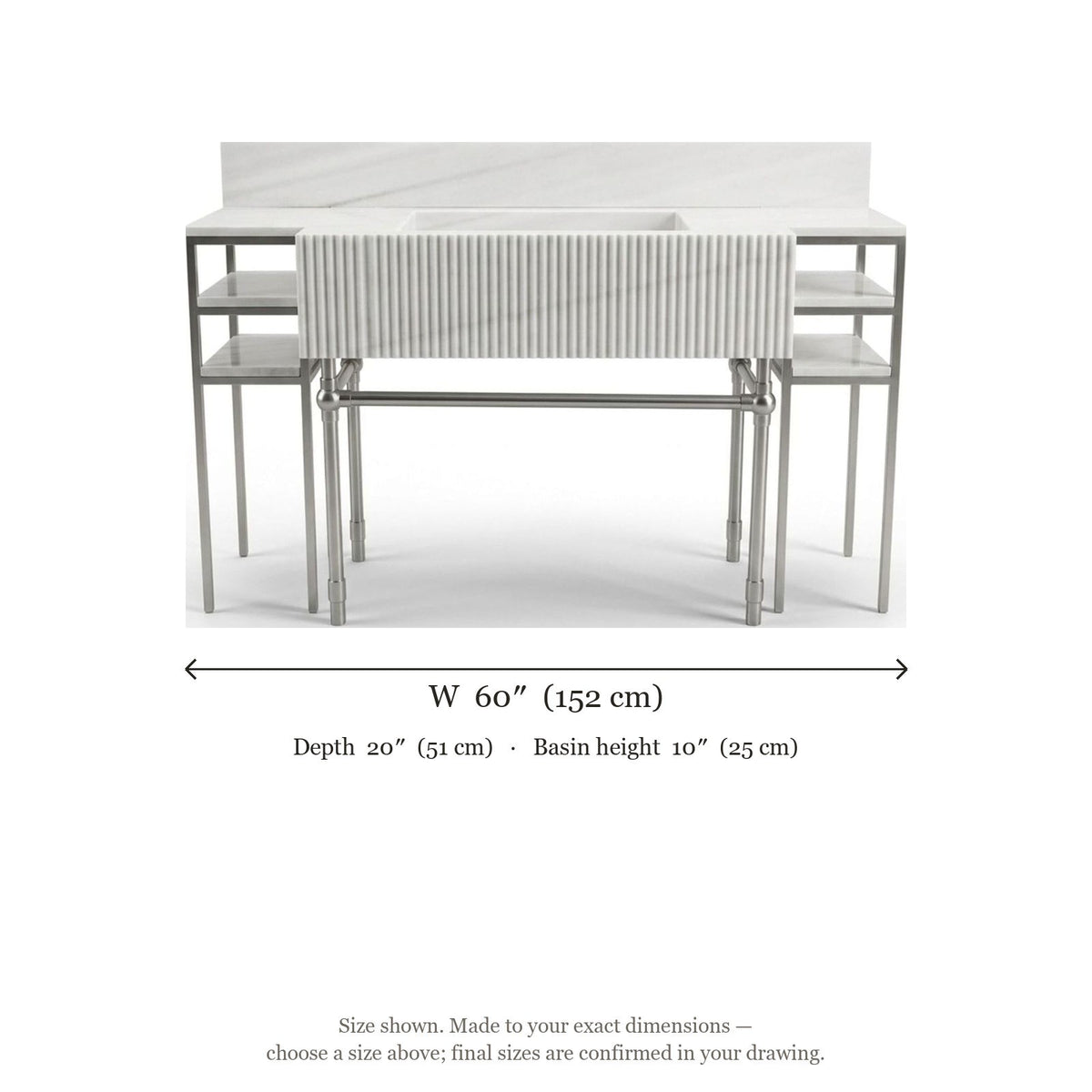 Carrara Fluted Marble Vanity with Brushed Steel Stand — dimensions — view 5