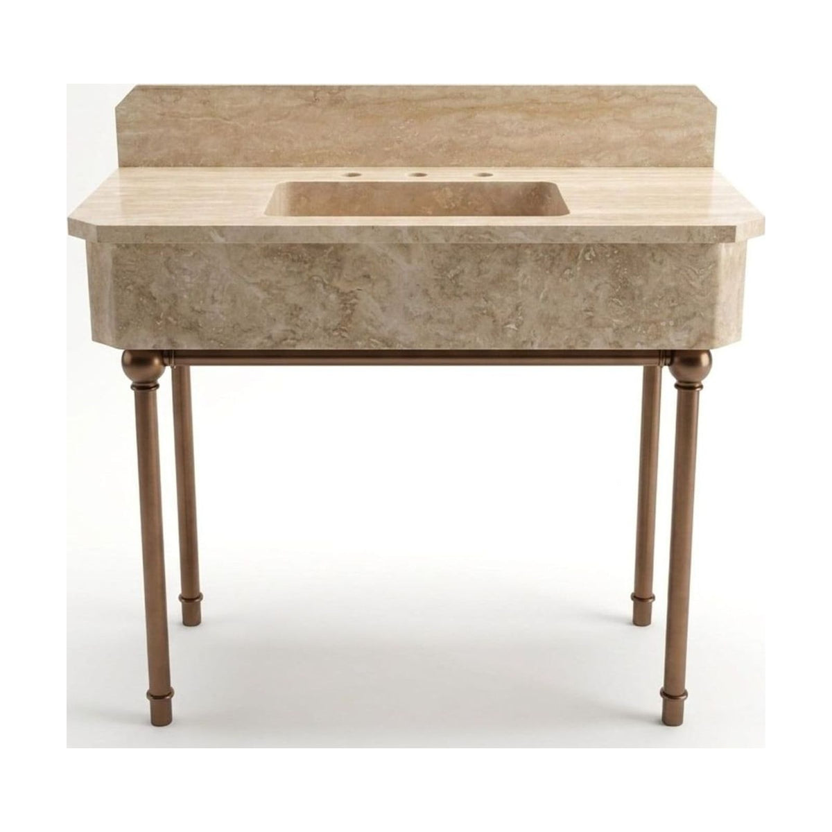 Polished Travertine Console Sink with Copper Stand and Backsplash — view 1