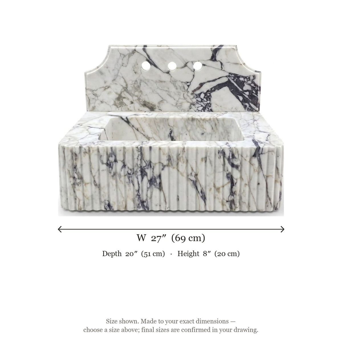 Calacatta Viola Fluted Marble Sink with Backsplash — dimensions — view 4