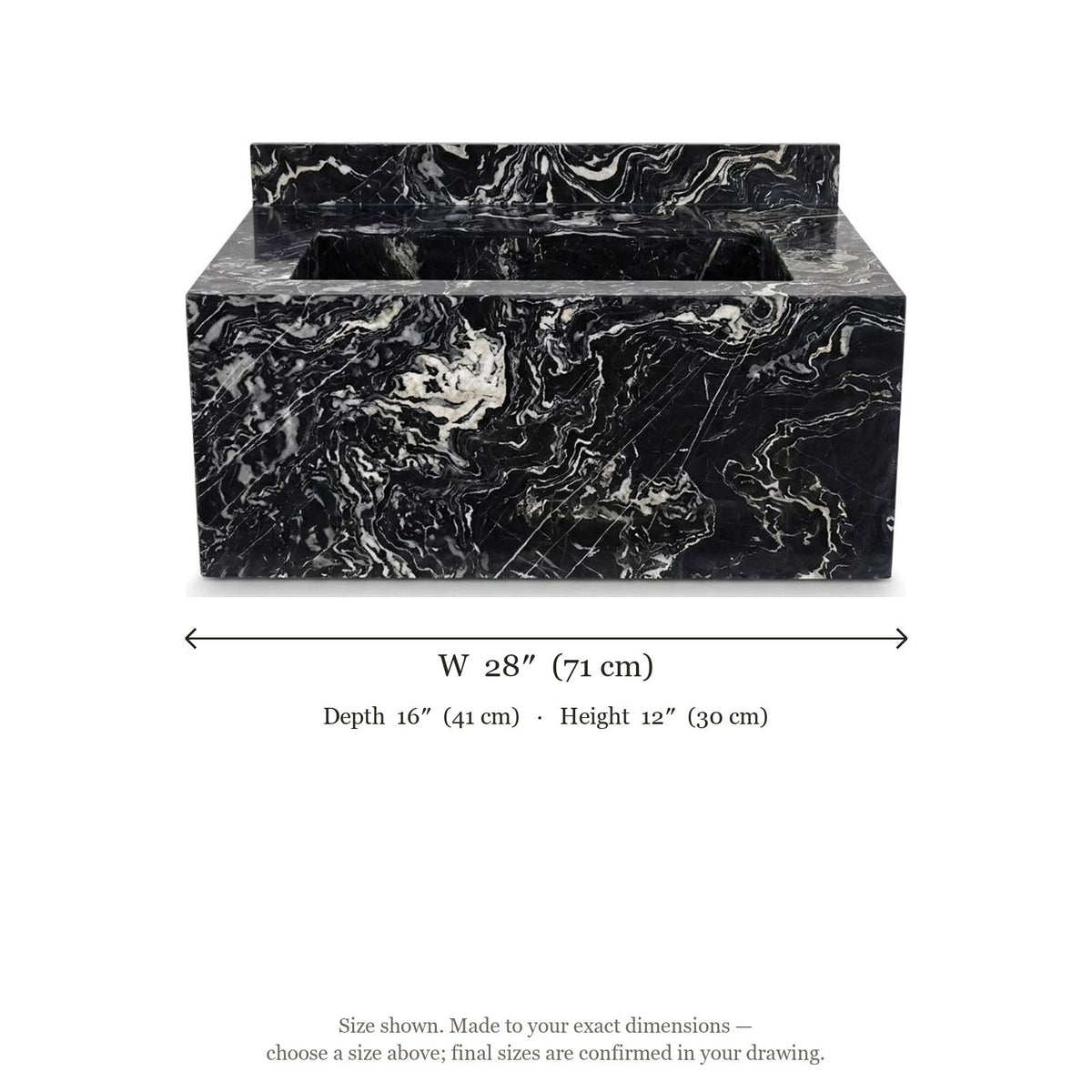 Nero Marquina Honed Marble Sink with Backsplash — dimensions — view 5