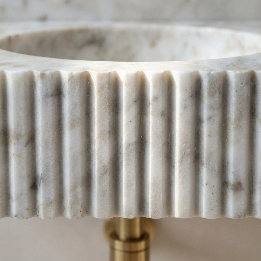 Carrara Fluted Marble Sink with Backsplash — marble detail — view 3