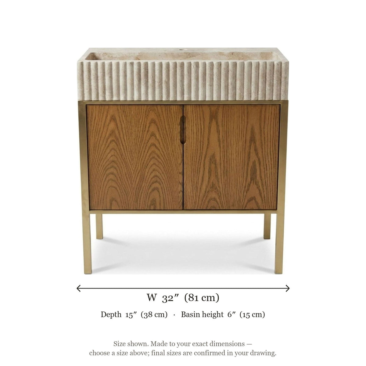 Travertine Fluted Marble Vanity with Brass Stand — dimensions — view 4