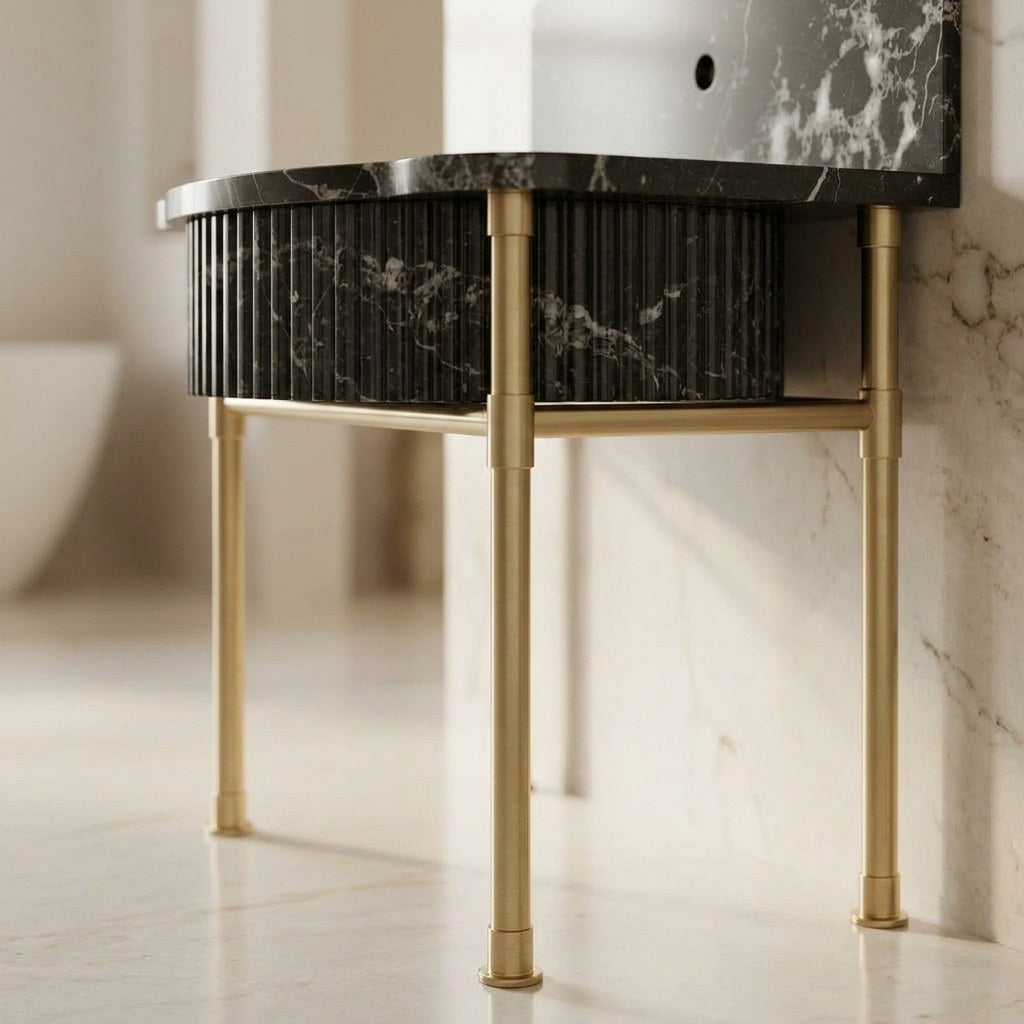 Pietra Notte Fluted Marble Sink with Brass Stand and Backsplash — detail — view 3