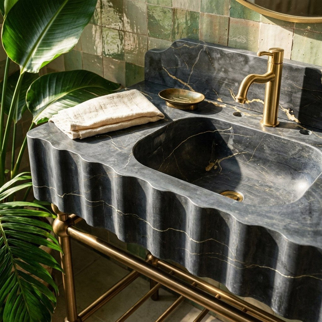 Pietra Notte Fluted Marble Sink with Metal Stand and Backsplash — premium — view 2