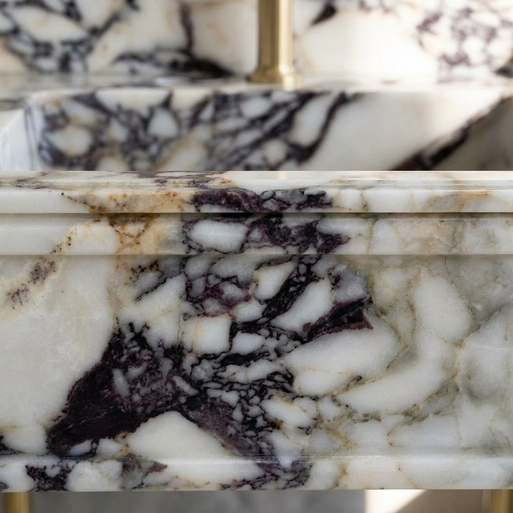 Calacatta Viola Marble Sink with Brass Stand and Backsplash — marble detail — view 3
