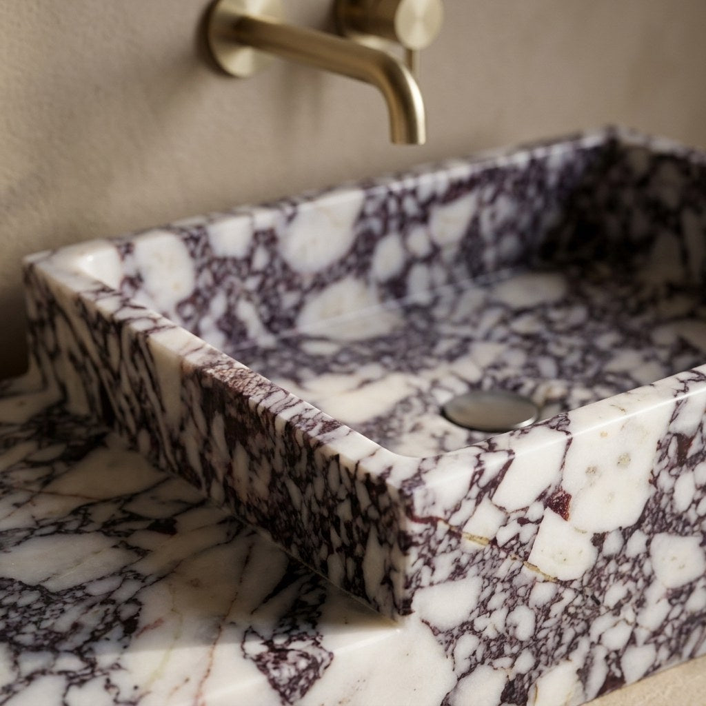 Calacatta Viola Polished Marble Vessel Sink with Deck — marble detail — view 3