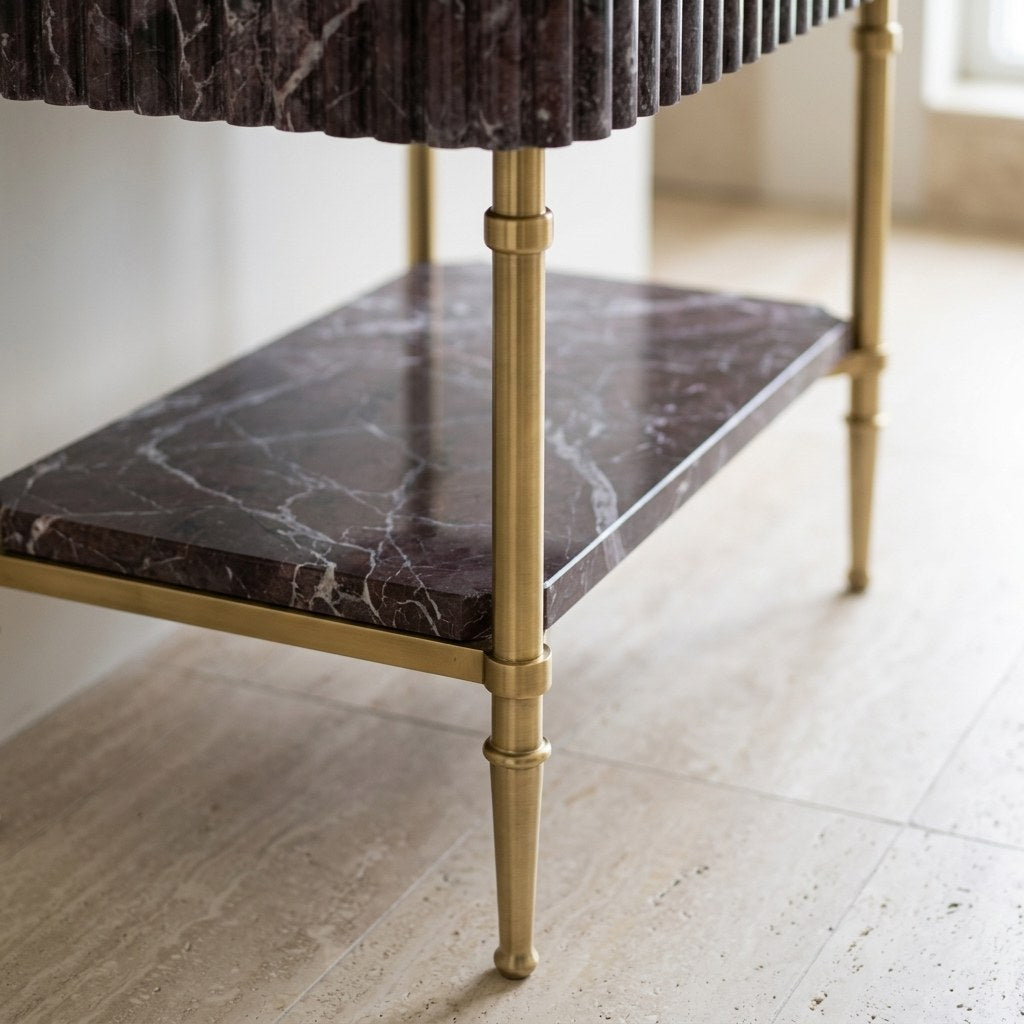 Rosso Levanto Fluted Marble Sink with Brass Stand — detail — view 4