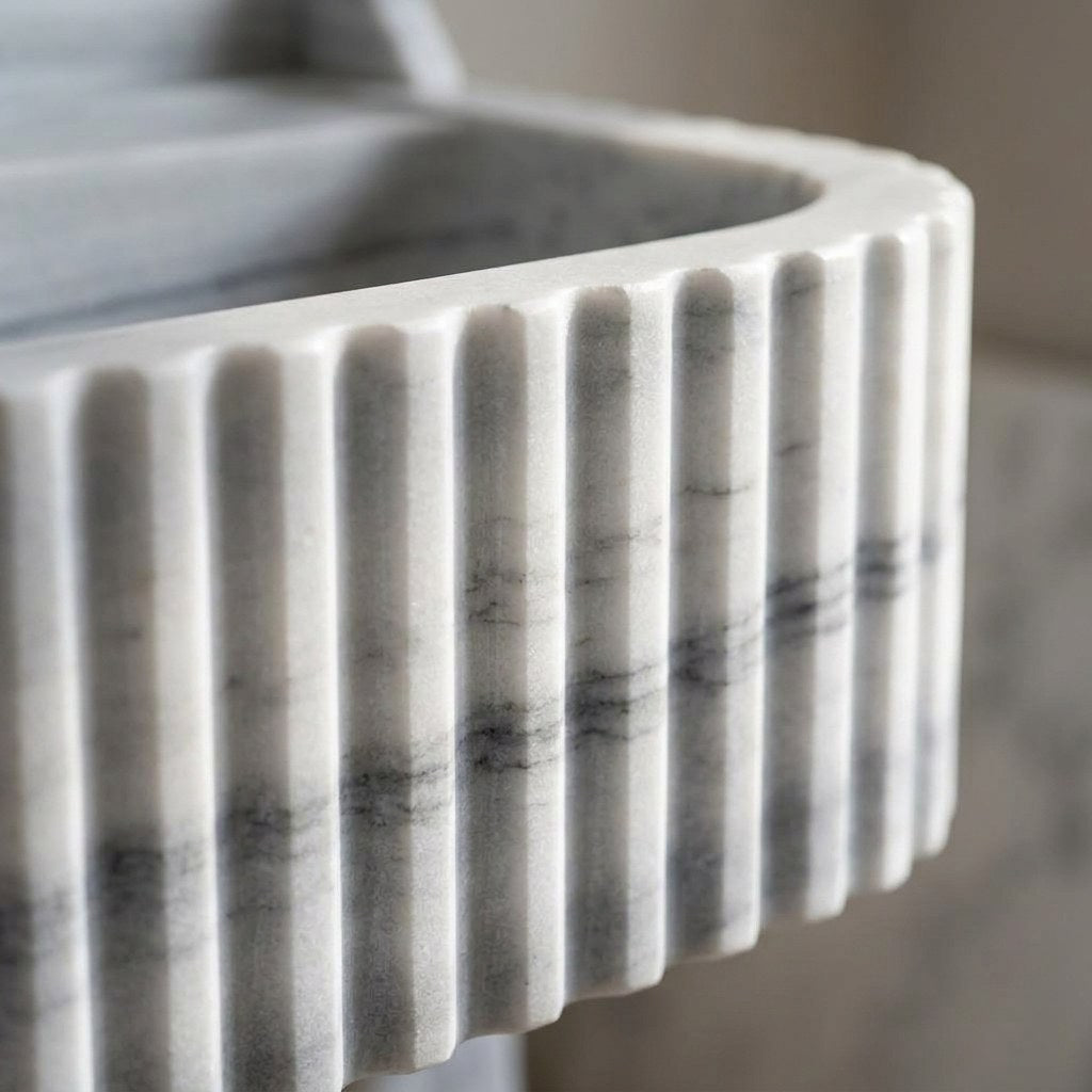 Carrara Fluted Marble Sink with Brushed Steel Stand — marble detail — view 3