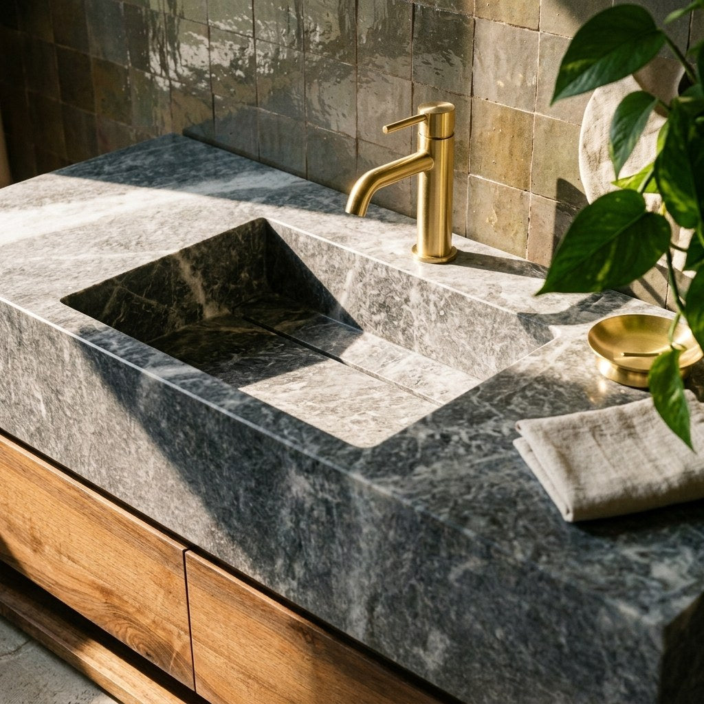 Grey Marble Vanity Sink with Honed Finish — premium — view 2