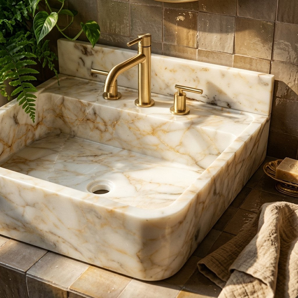 Calacatta Gold Polished Marble Sink with Backsplash — premium — view 2