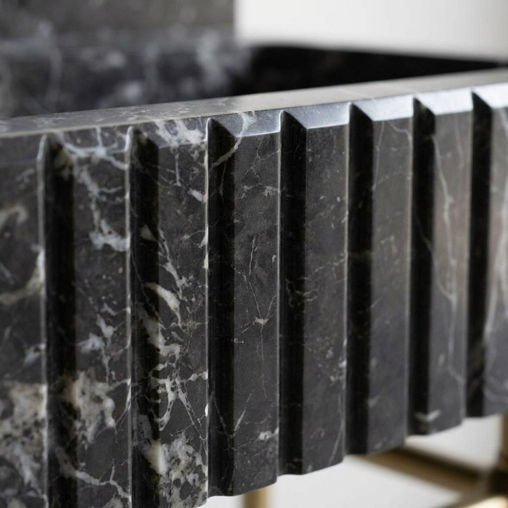 Pietra Notte Fluted Marble Sink with Brass Stand — marble detail — view 3