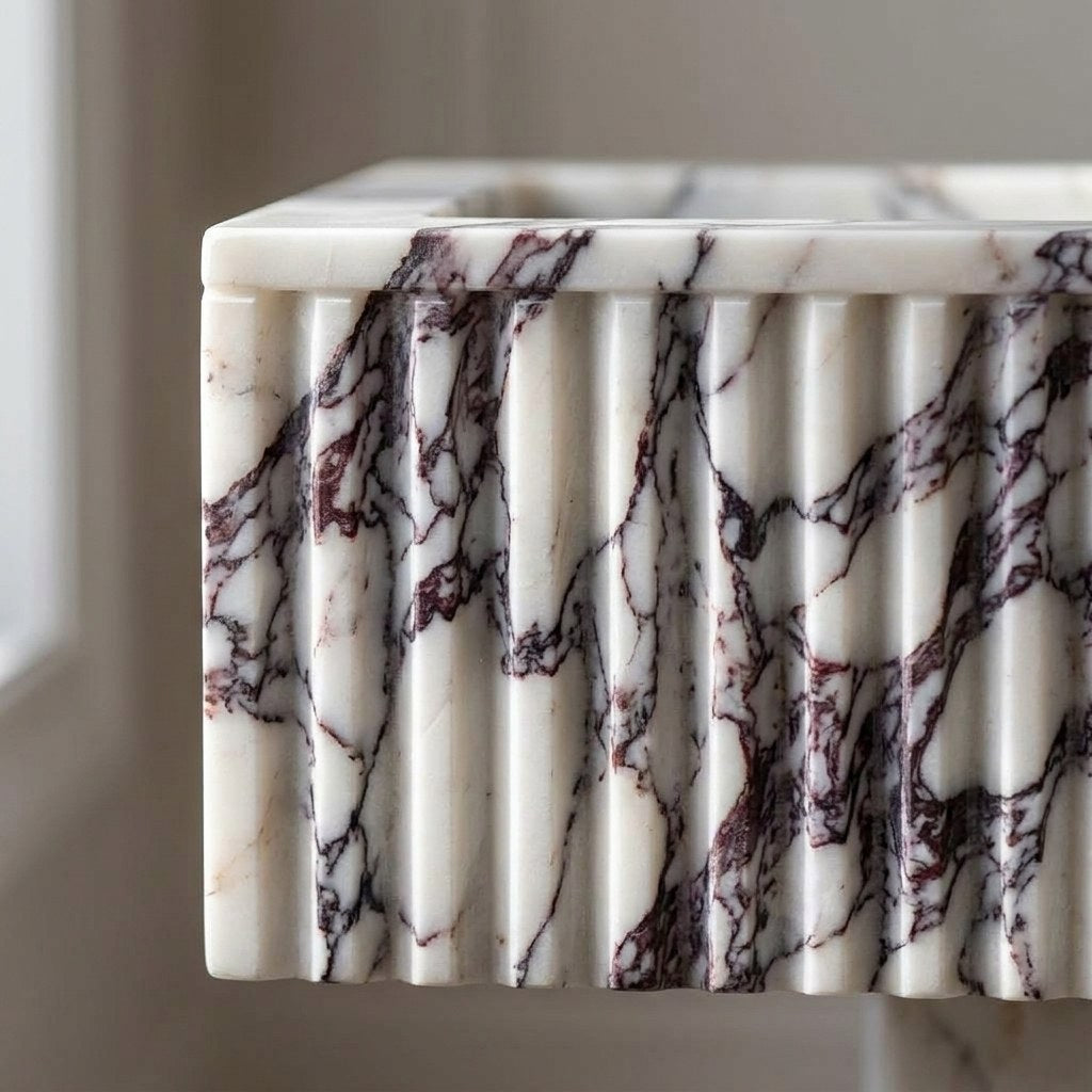 Calacatta Viola Fluted Polished Marble Vessel Sink — marble detail — view 3