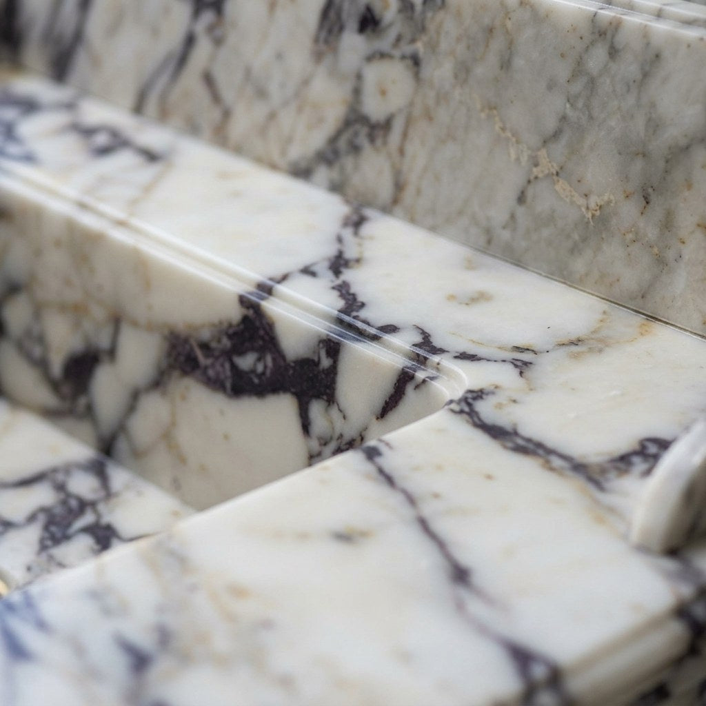 Calacatta Viola Marble Sink with Brass Gold Stand — marble detail — view 3