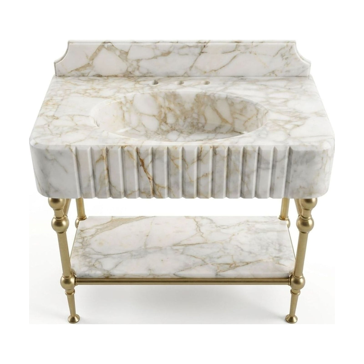 Calacatta Gold Fluted Marble Sink with Brass Stand and Backsplash — view 1