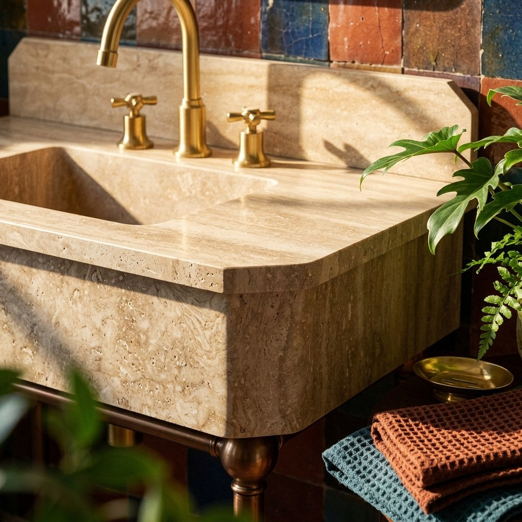 Polished Travertine Console Sink with Copper Stand and Backsplash — premium — view 2