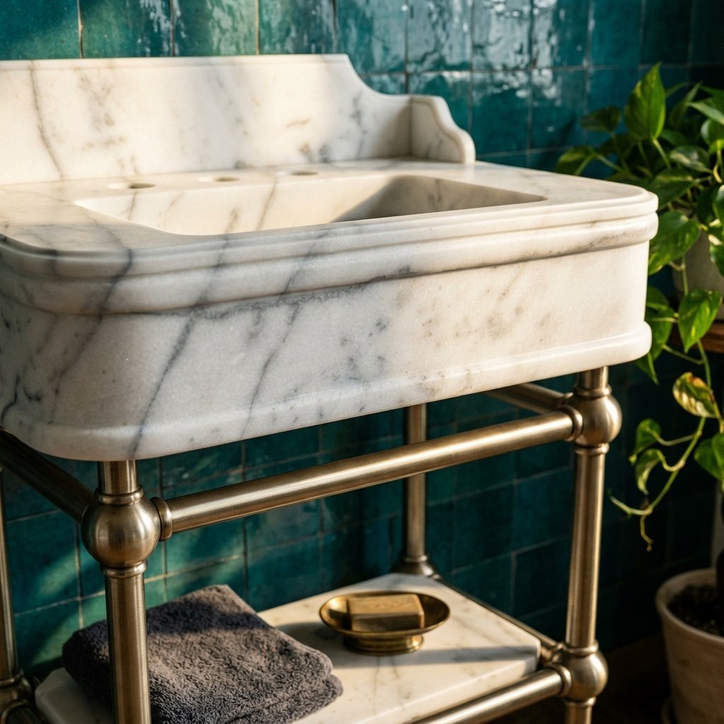 Carrara Marble Sink with Metal Stand and Backsplash — premium — view 2
