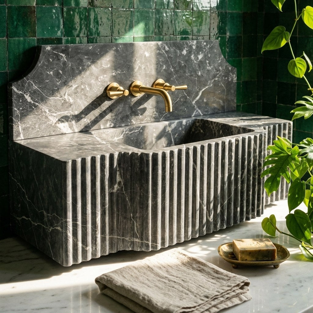 Pietra Notte Fluted Marble Sink with Backsplash — premium — view 2