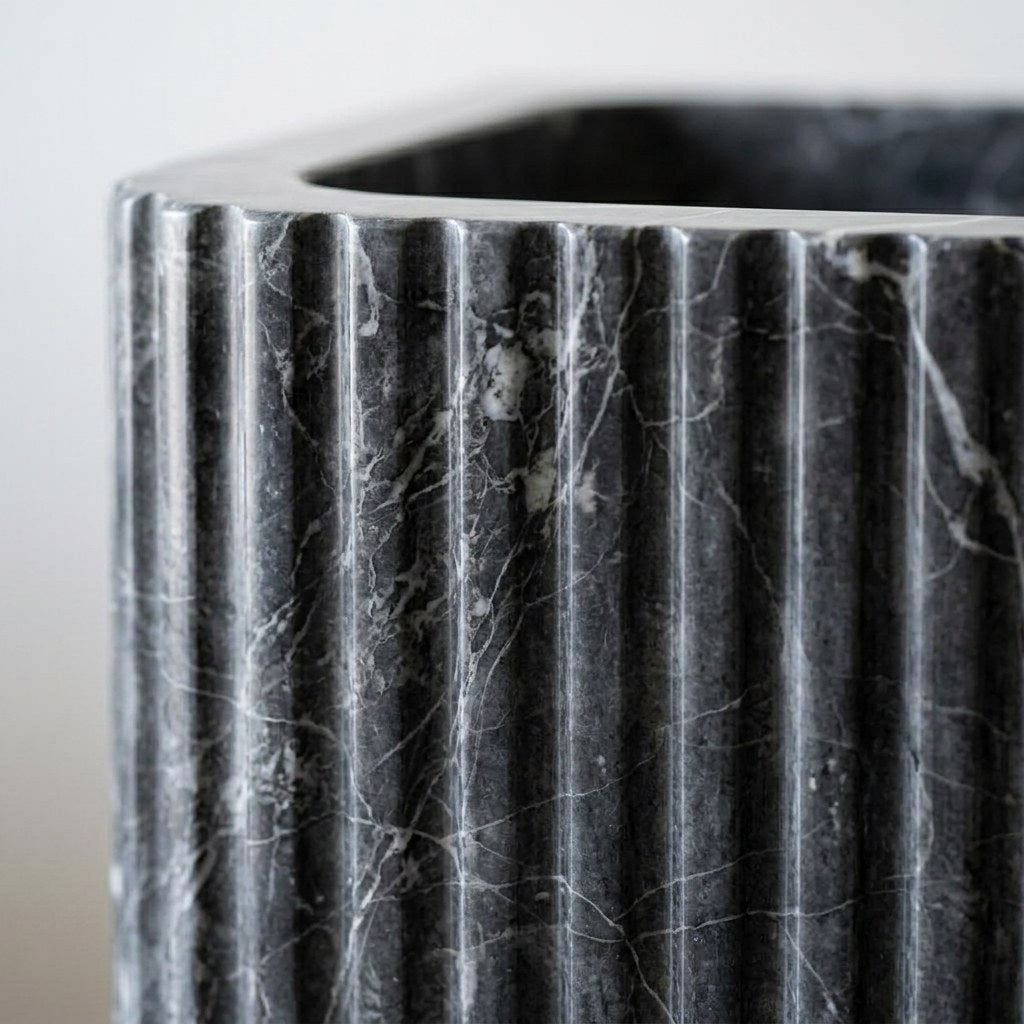 Pietra Notte Fluted Marble Sink with Backsplash — marble detail — view 3