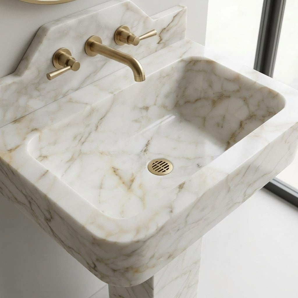 Calacatta Gold Polished Marble Sink with Backsplash — detail — view 4