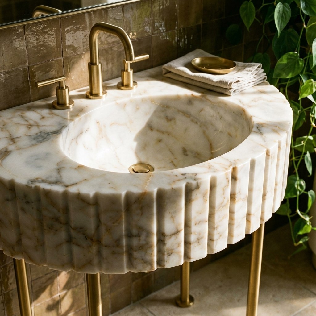 Calacatta Gold Fluted Marble Sink with Copper Legs — premium — view 2