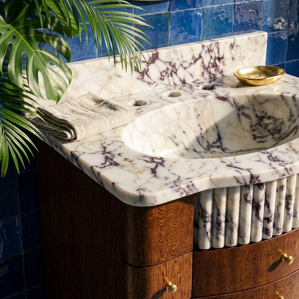 Calacatta Viola Fluted Marble Vanity with Backsplash — premium — view 2