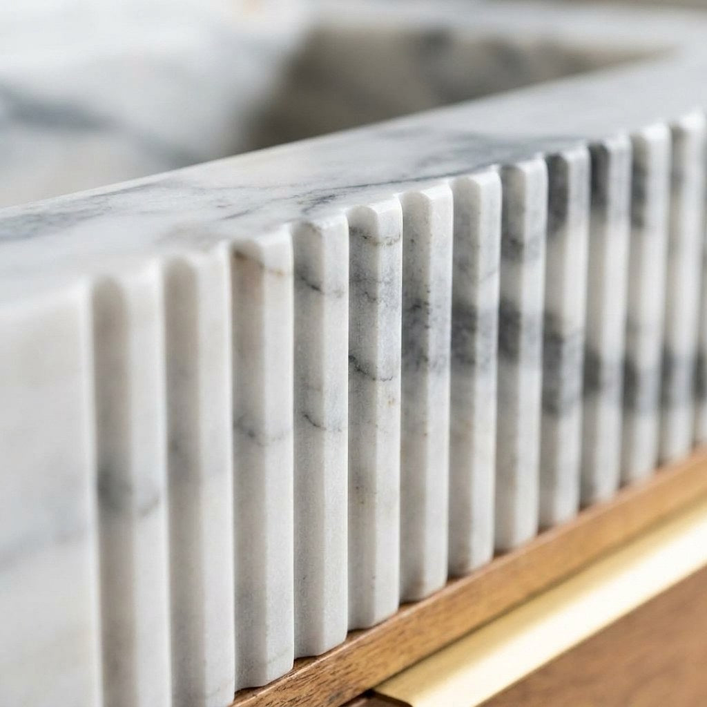 Carrara Fluted Marble Vanity Sink with Backsplash — marble detail — view 3