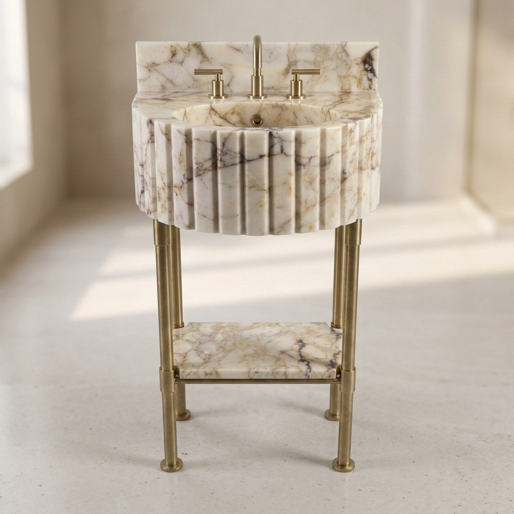 Calacatta Viola Fluted Marble Sink with Brass Stand and Backsplash — detail — view 4
