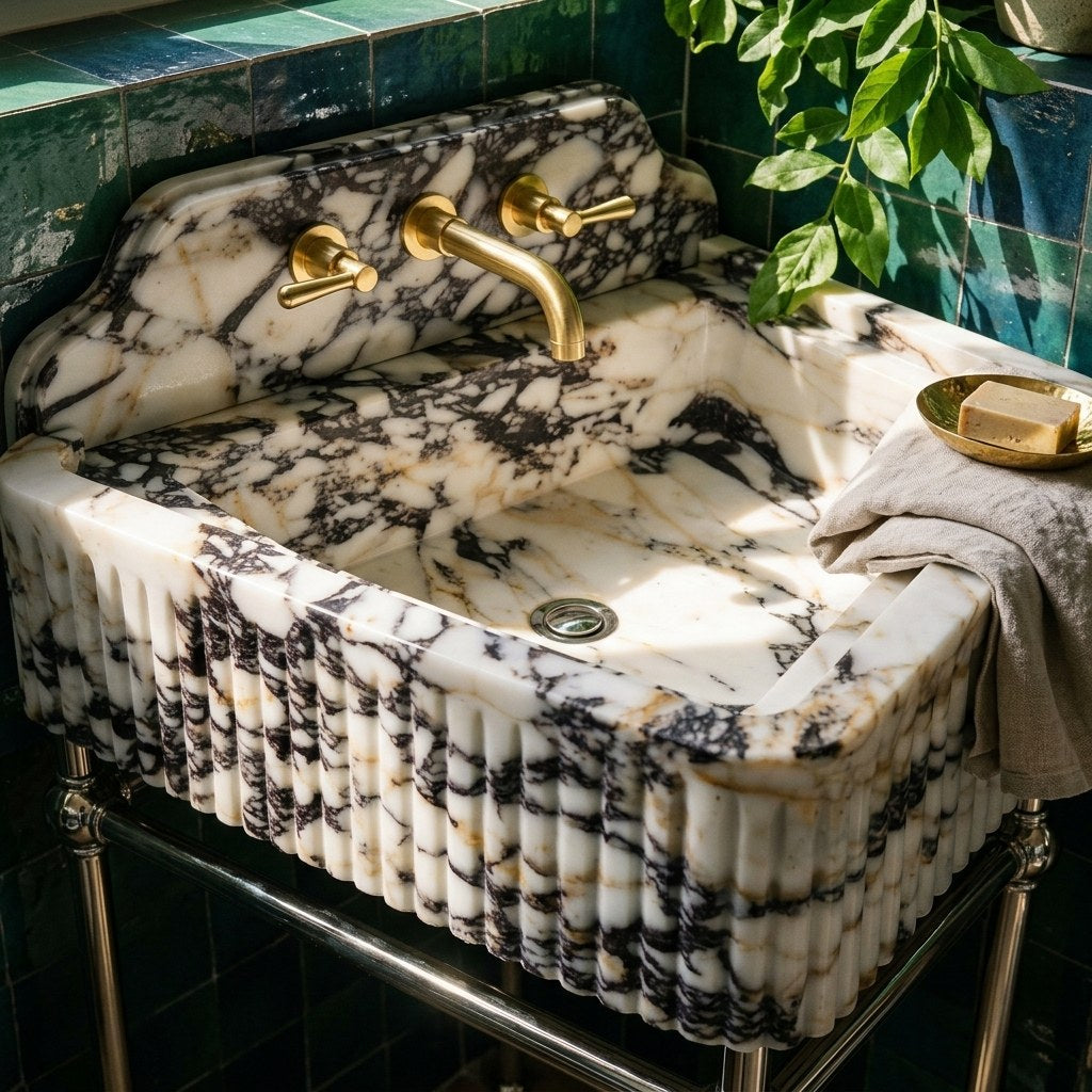 Calacatta Viola Fluted Marble Sink with Metal Stand and Backsplash — premium — view 2