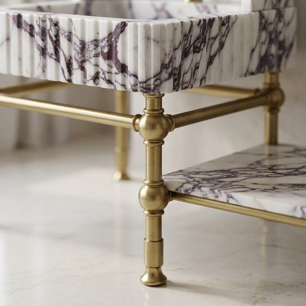 Calacatta Viola Fluted Marble Sink with Brass Stand — detail — view 4