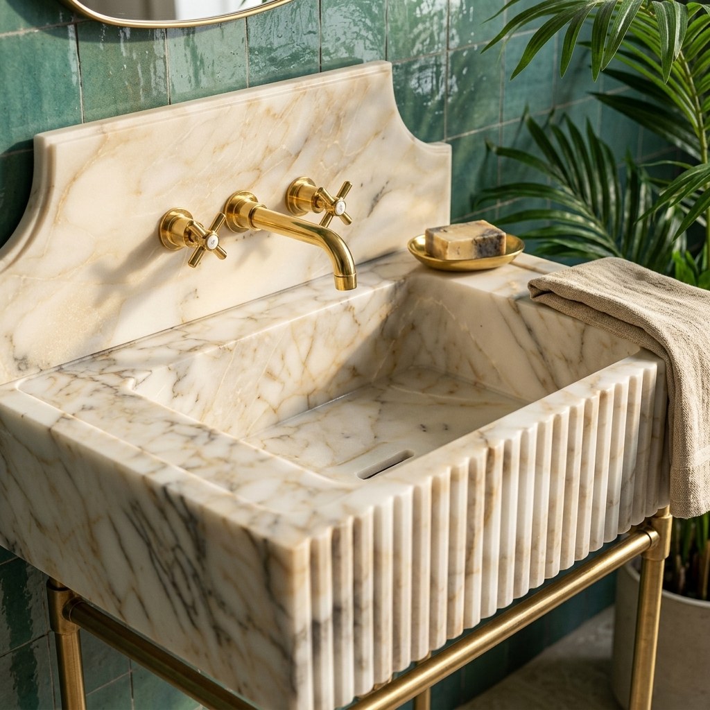 Calacatta Gold Fluted Marble Sink with Brass Stand — premium — view 2