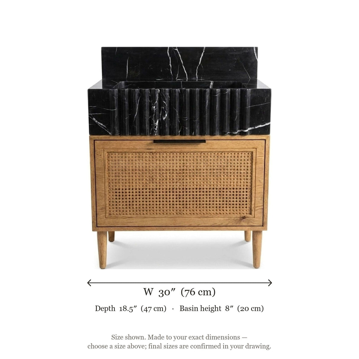 Nero Marquina Fluted Marble Vanity Sink with Backsplash — dimensions — view 5