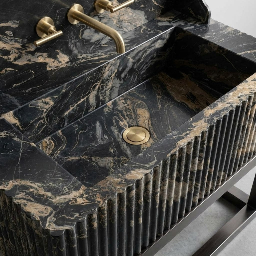 Picasso Honed Fluted Marble Sink with Backsplash — detail — view 4