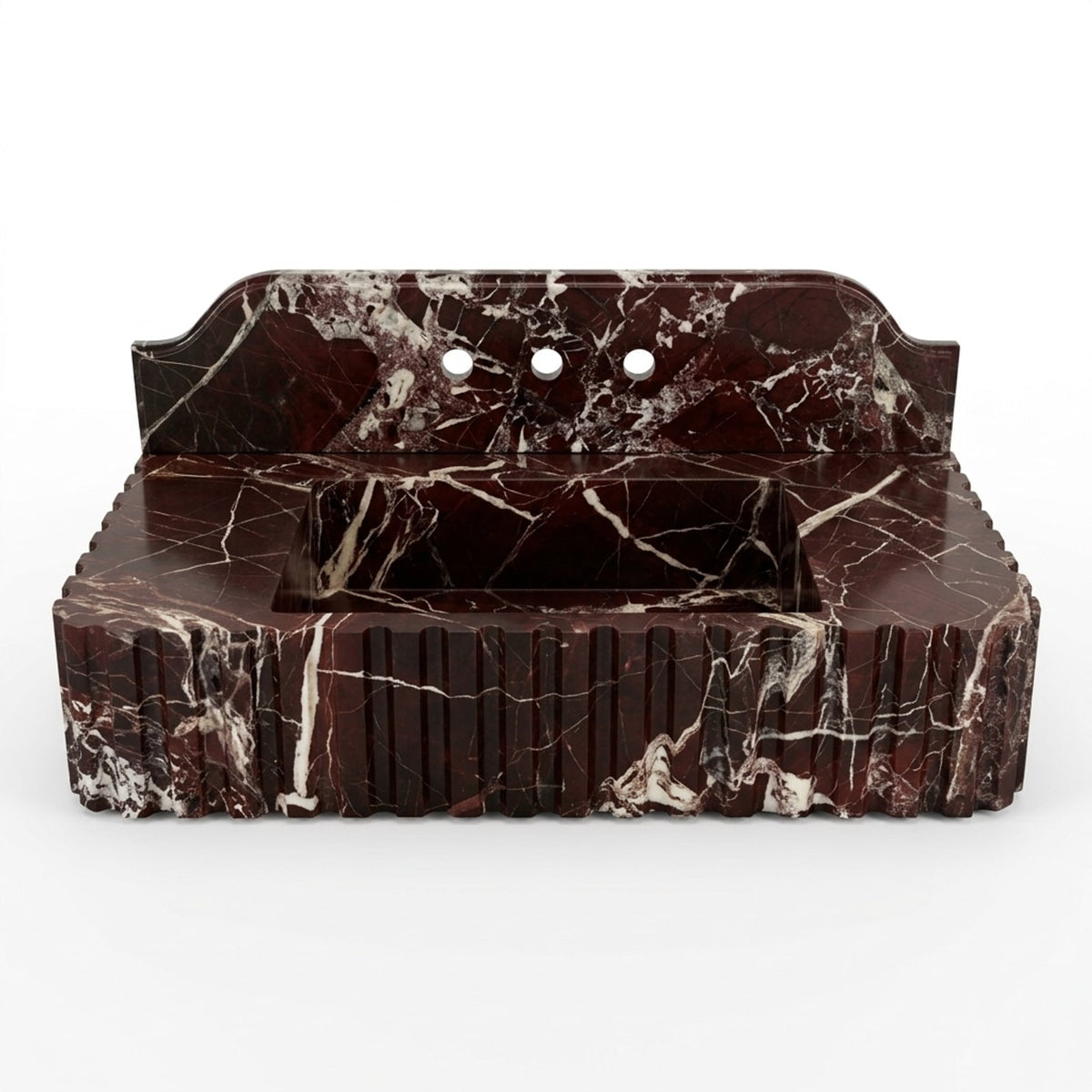 Cherry Red Fluted Marble Sink with Backsplash and Brass Stand — view 1