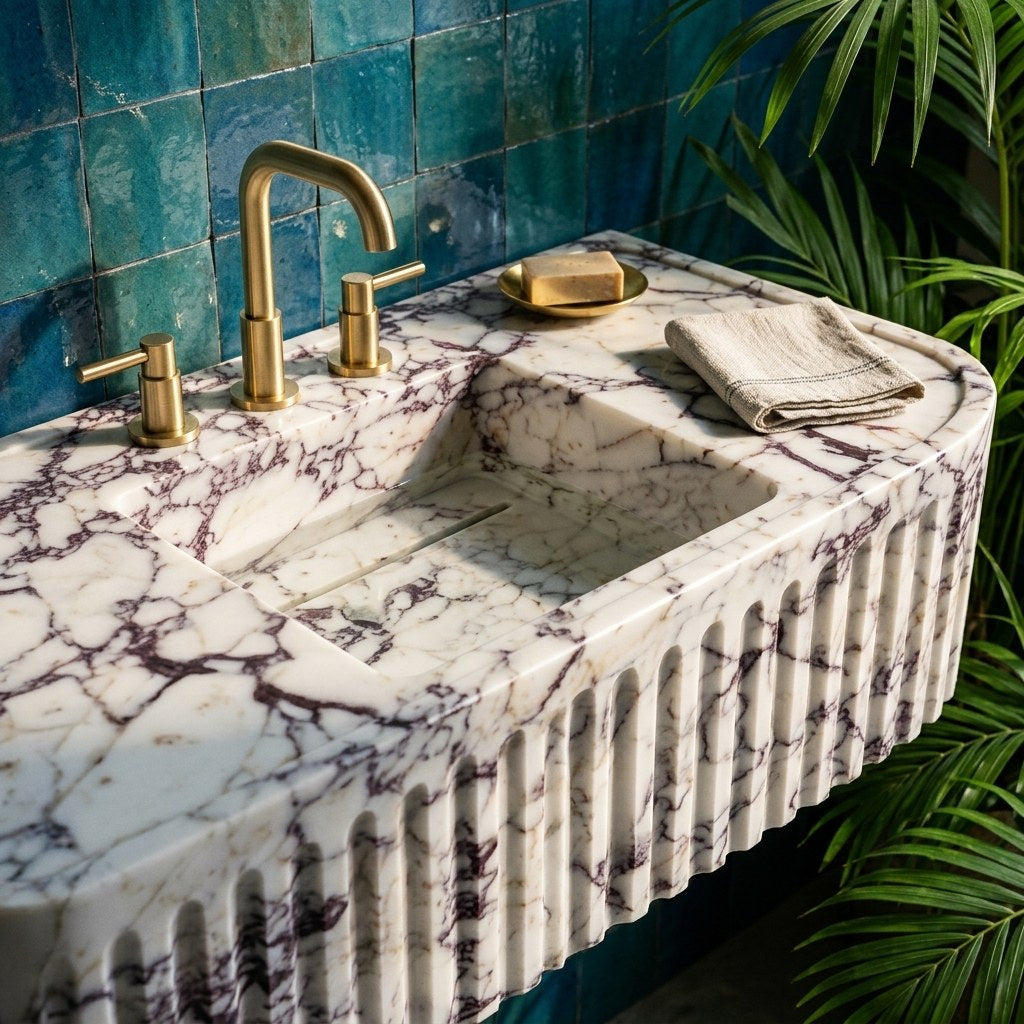 Calacatta Viola Fluted Polished Marble Sink — premium — view 2
