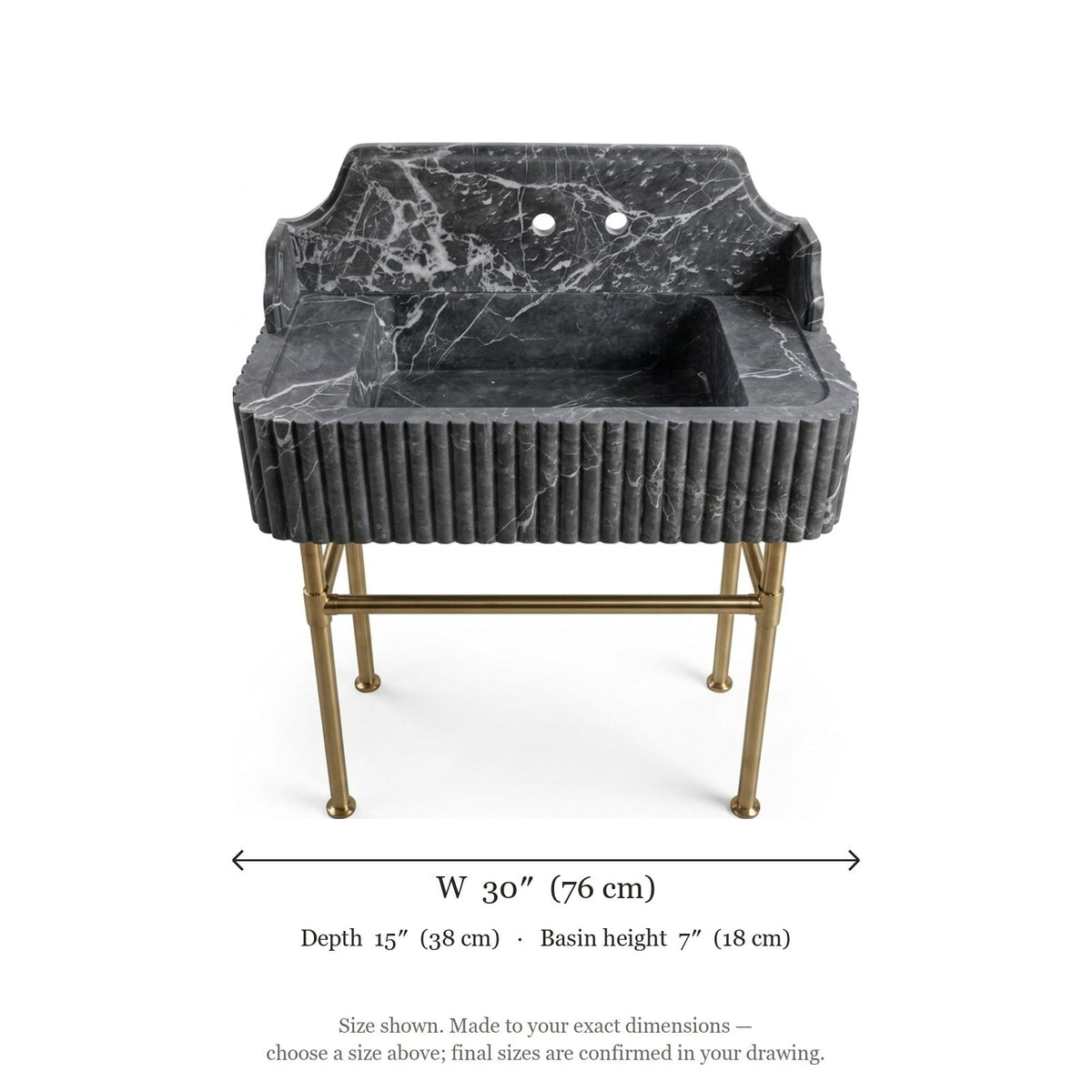 Pietra Notte Fluted Marble Sink with Brass Stand — dimensions — view 5