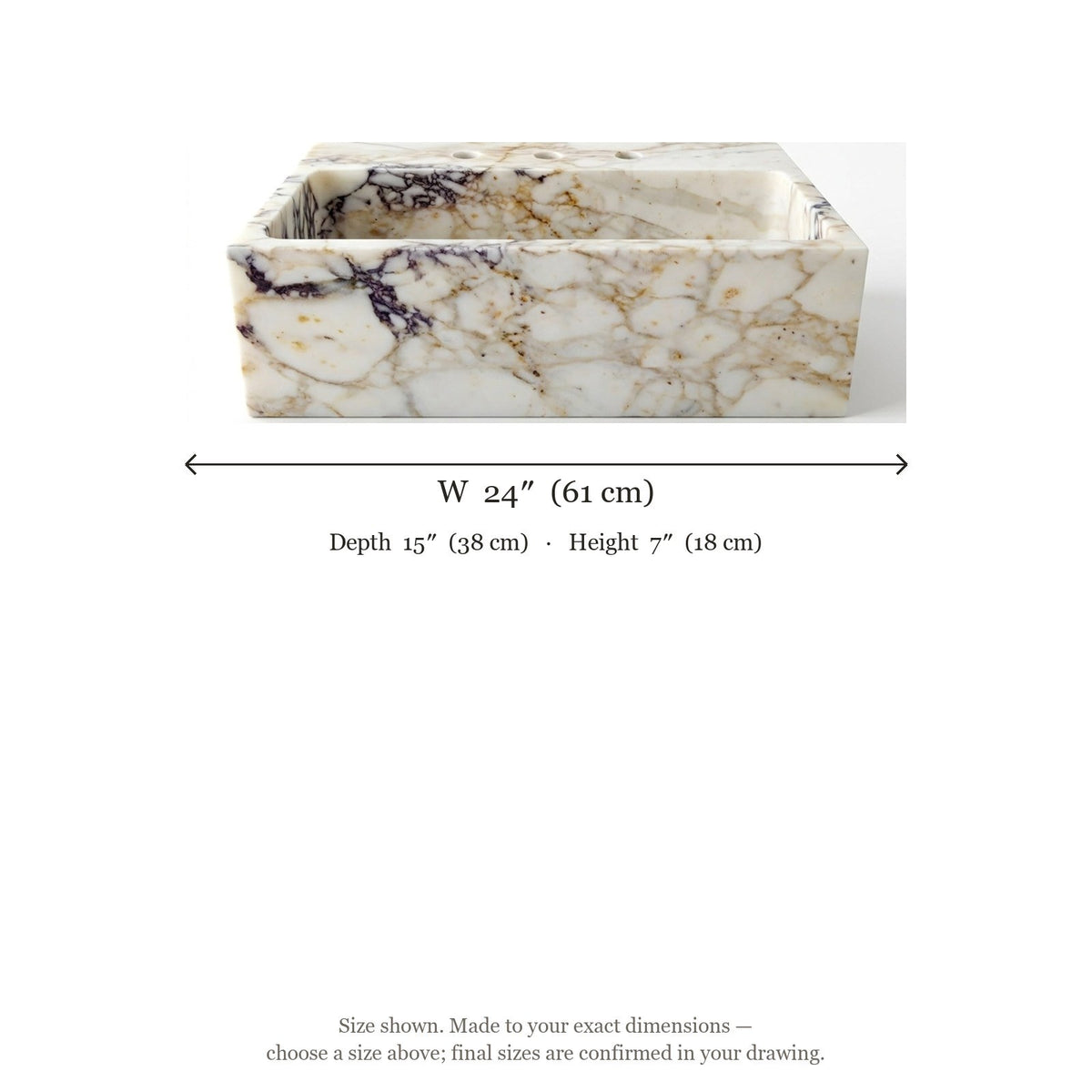 Calacatta Gold Polished Marble Sink with 3 Faucet Holes — dimensions — view 5